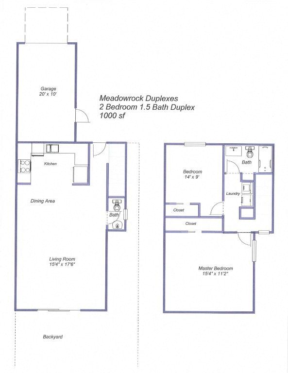 Floor plan for 2 beds, 1.5 baths, 1000 sqft